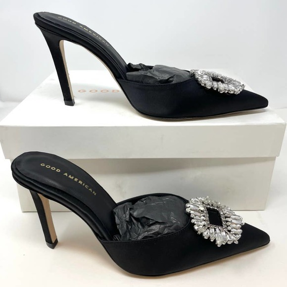 Good American Jeweled Satin Slipper Mules Heels In Black Size 9 NEW - Picture 2 of 15